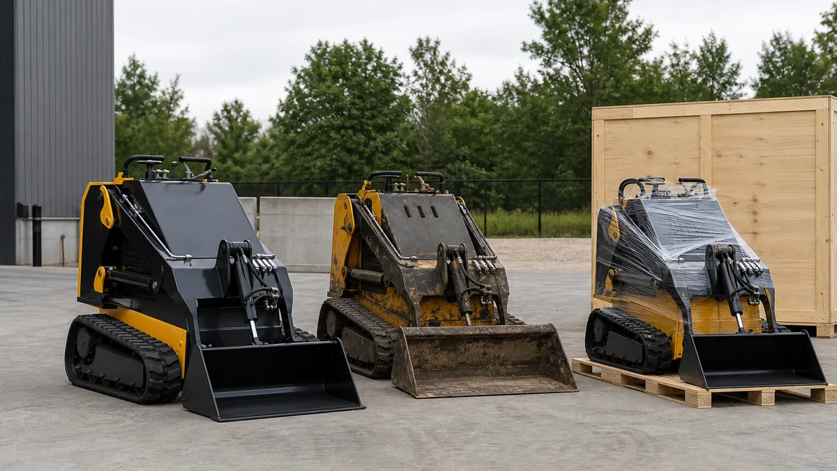 New, used, and import-ready stand-on skid steer loaders compared in an equipment yard
