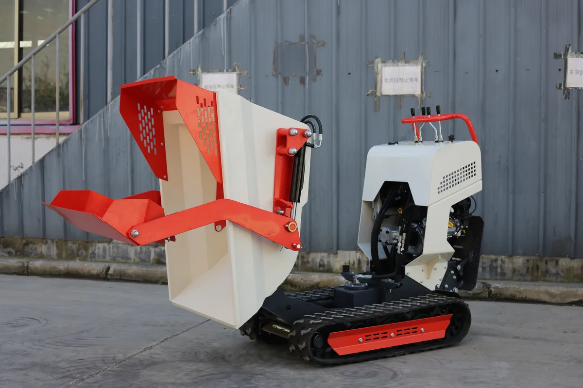 TerraCub Compact 500 standard dump mini track dumper — right side view with self-loading front blade