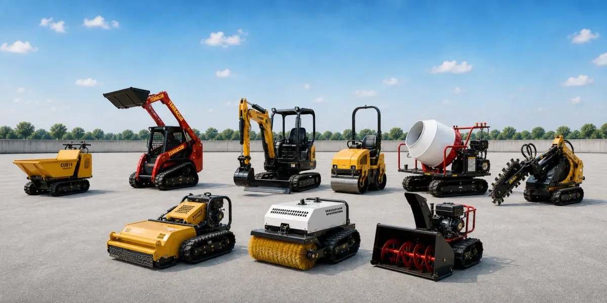 TerraCub multi-category compact equipment hero lineup including dumpers, skid steer loaders, mini excavators, rollers, mixers, sweeping equipment, snow removal, and attachments