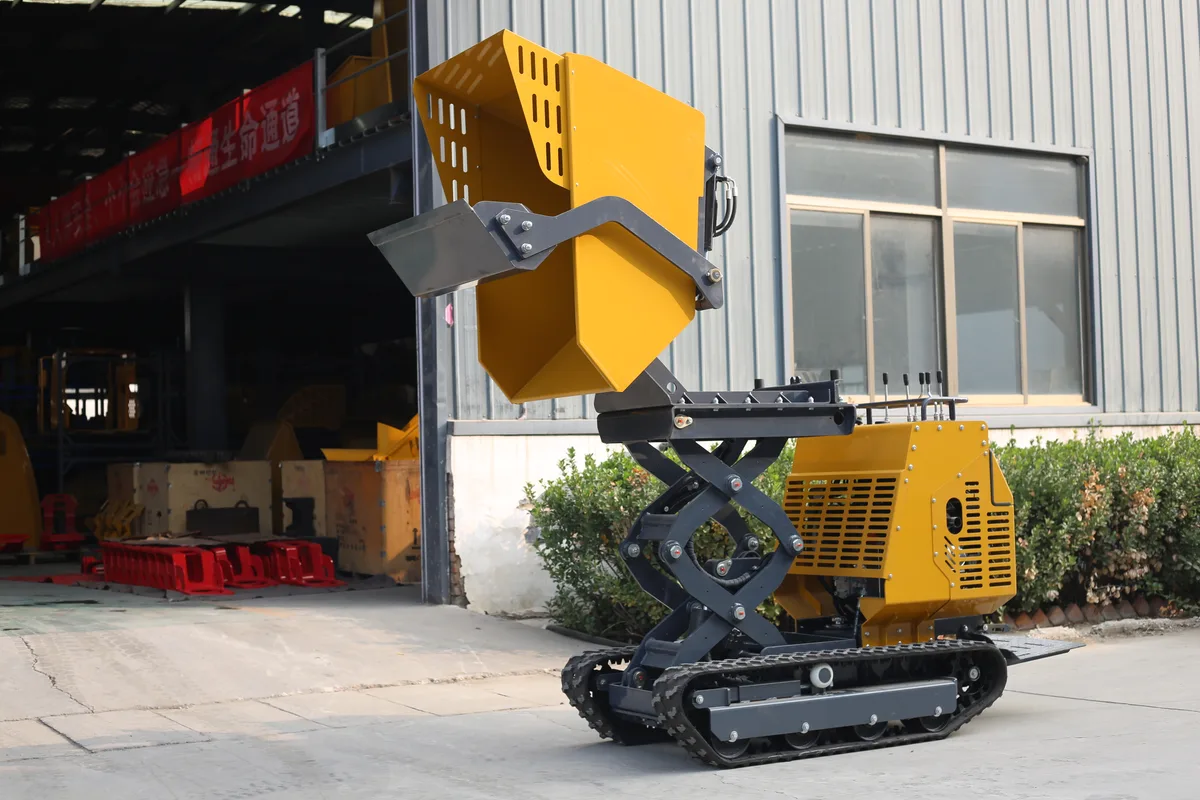 TerraCub Lift 1000 mini track dumper — front view with 1500mm scissor lift fully raised and self-loading shovel extended