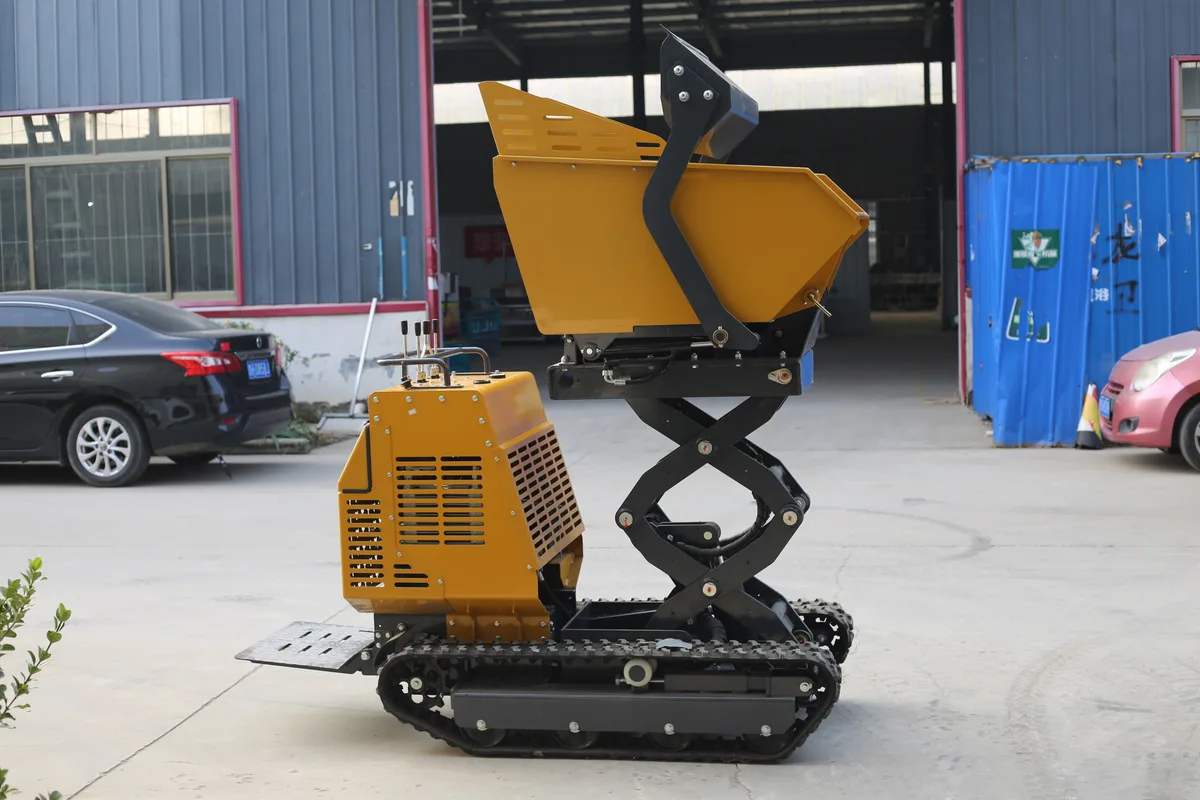 TerraCub Lift 1000 — side view with scissor lift elevated and dump bucket tilted, showing 1000kg capacity