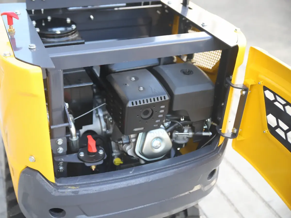 06Q mini excavator engine compartment detail with engine cover open