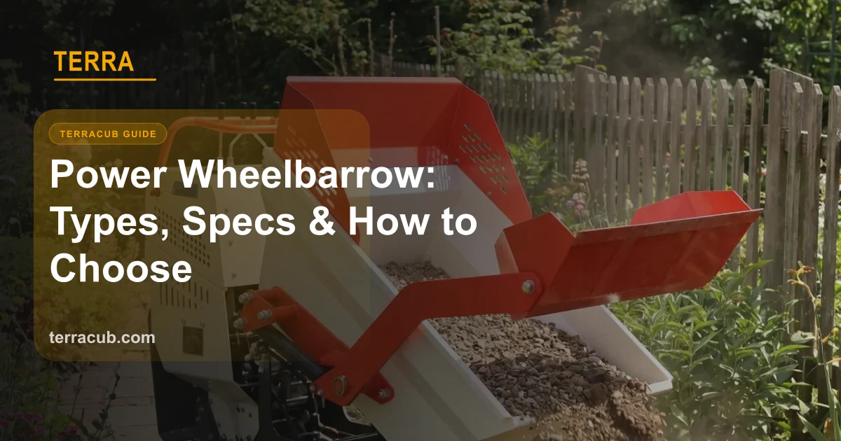 Yellow motorised power wheelbarrow on a construction site dirt ground — the entry-level machine for powered site material handling