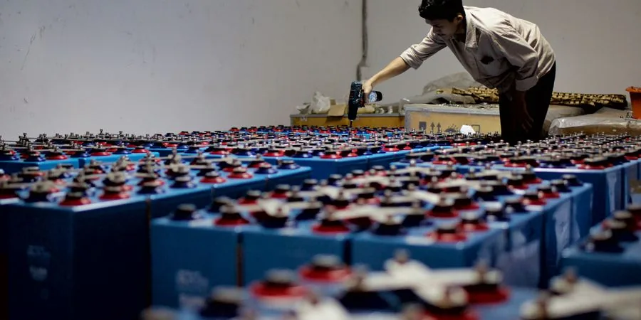 Worker checking industrial battery units inside a facility
